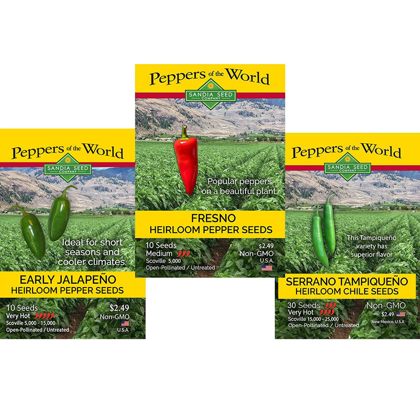 Fresh & Spicy Pepper Seeds - 3-Pack Discount Sale - Jalapeño Early, Serrano Tampiqueno & Fresno Seeds