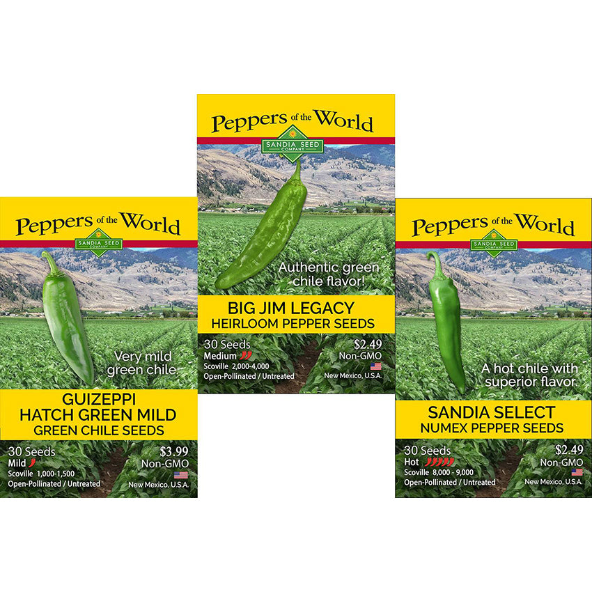 Green Chile Intro - 3-Pack Discount Sale - Hatch Green Mild, Big Jim Legacy & Sandia Select Seeds -15% Off