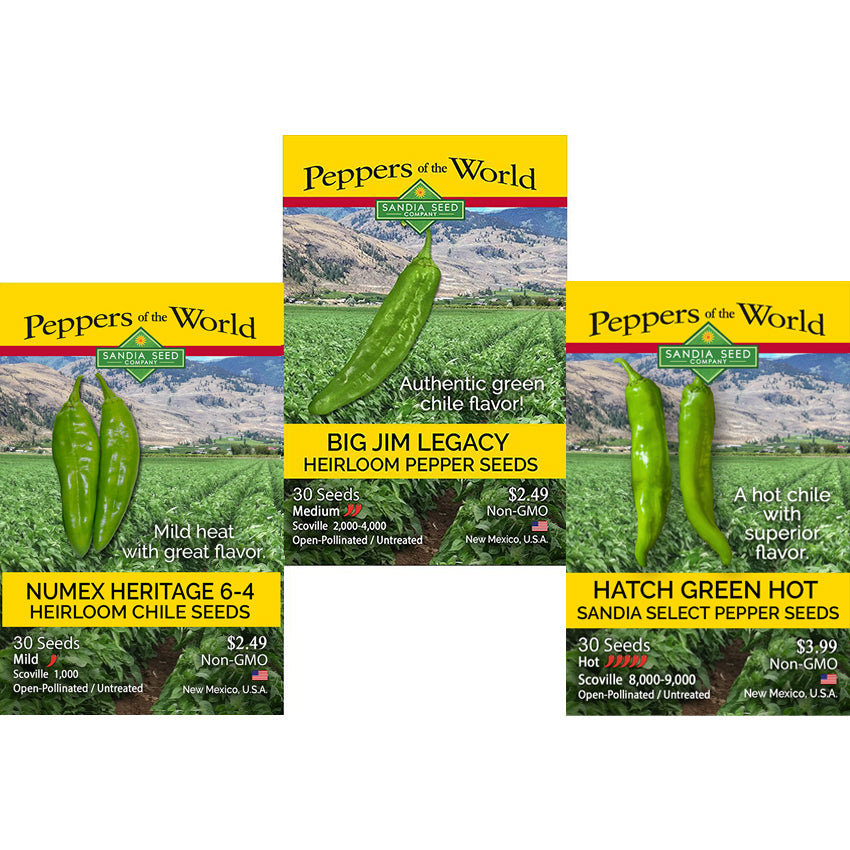 Green Chile 3 Pack seed packets featuring Heritage NM 6-4, Big Jim Legacy, and Hatch Green Hot Sandia Select varieties with 15% discount.