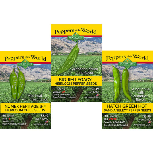 Green Chile 3 Pack seed packets featuring Heritage NM 6-4, Big Jim Legacy, and Hatch Green Hot Sandia Select varieties with 15% discount.