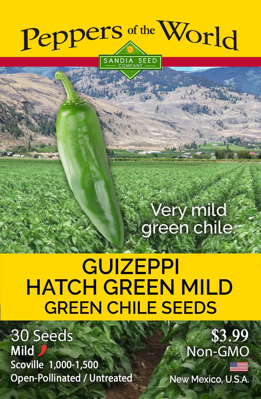 BULK Hatch Green Mild - Giuzeppi Chile Seeds 1 oz. seed packet with green chile image, mild heat rating, and New Mexico farm-grown label.