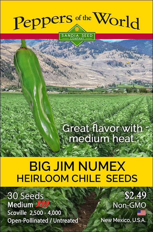Big Jim NuMex Seeds packet featuring heirloom green chile peppers with medium heat, grown in New Mexico. Includes 30 non-GMO seeds.