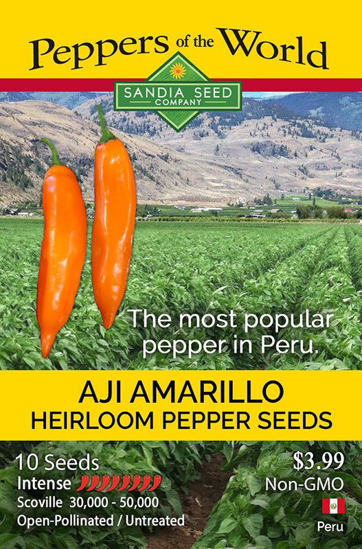 Aji Amarillo Seeds packet from Sandia Seed Company featuring heirloom Peruvian chile with fruity flavor, ideal for home gardening.
