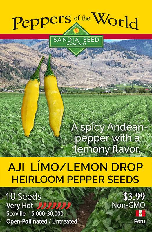 Aji Limo Lemon Drop Pepper Seeds packet by Sandia Seed Company, highlighting spicy citrus flavor, heirloom quality, and non-GMO status.