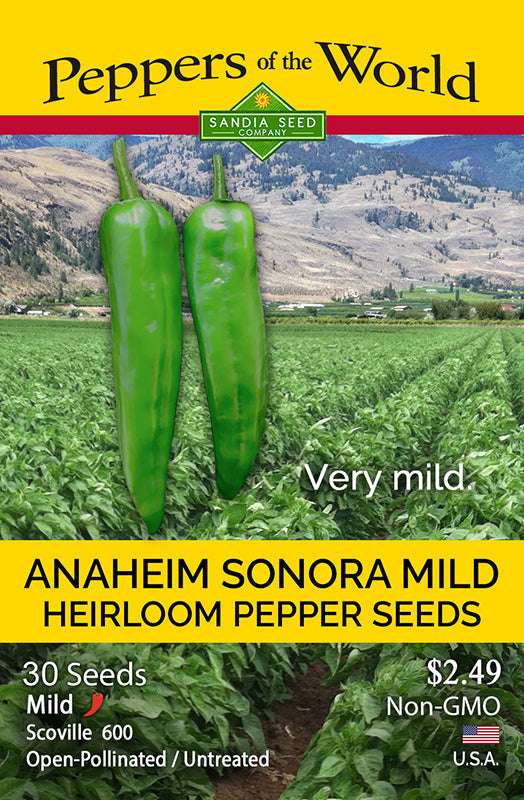 Anaheim Sonora Mild Pepper Seeds packet featuring two green peppers and a lush pepper field, labeled heirloom, non-GMO, and mild heat.