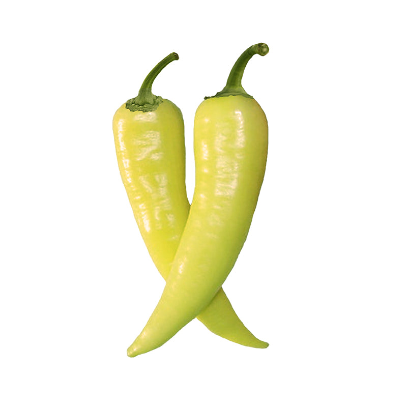Two ripe Sweet Banana Peppers with glossy yellow skin, ideal for pickling or fresh use. Perfect for home gardening and short growing seasons.