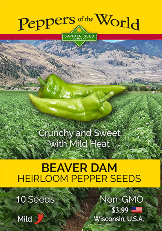 Beaver Dam Pepper Seeds - Heirloom Open Pollinated seed packet featuring mild, crunchy peppers; non-GMO and perfect for home gardening.