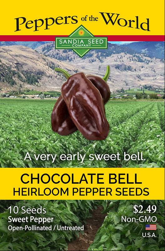 Chocolate Beauty Bell Pepper Seeds packet from Sandia Seed Company, featuring heirloom, non-GMO, early sweet bell peppers.