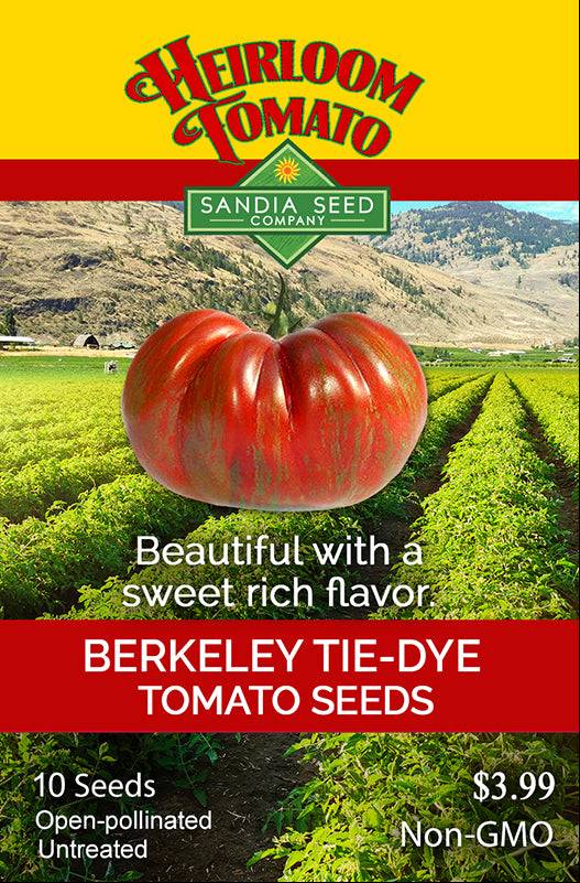 Seed packet for Berkeley Tie-Dye Tomato Seeds by Sandia Seed Company, highlighting heirloom, non-GMO, open-pollinated features and vibrant tomato image.