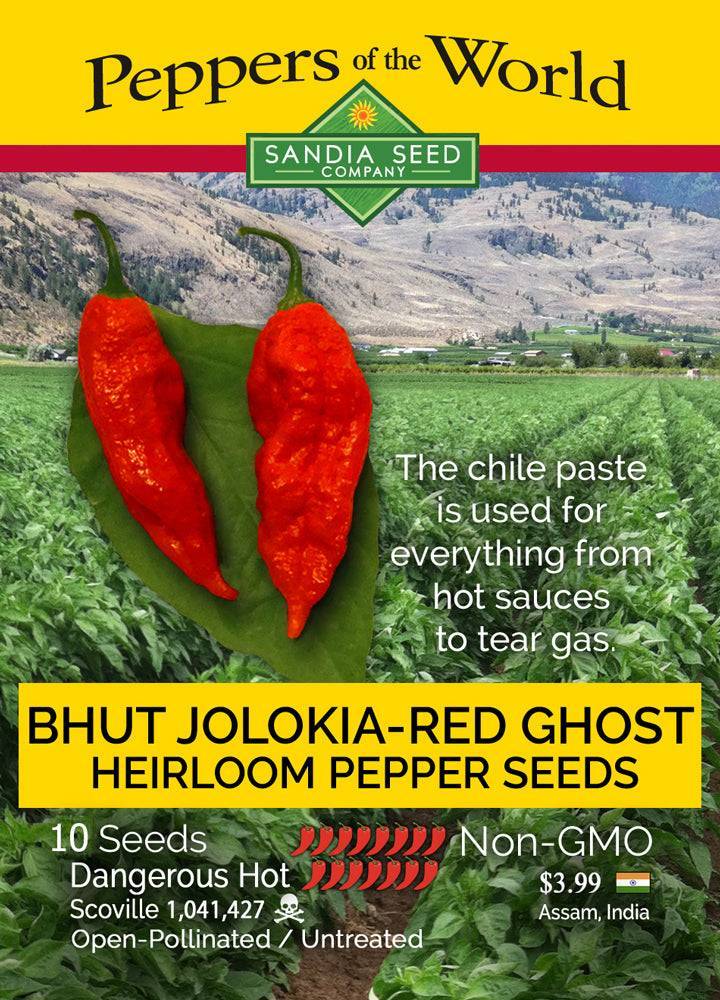 Bhut Jolokia Red Ghost Pepper Seeds from Sizzling Peppers Seeds 6-Pack, ultra-hot variety used in sauces. Scorching heat from Assam, India.