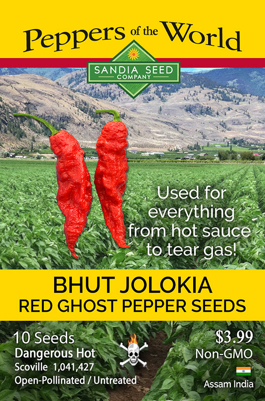 Bhut Jolokia Red Ghost Pepper Seeds packet by Sandia Seed Company, featuring peppers and details like Scoville rating and non-GMO label.