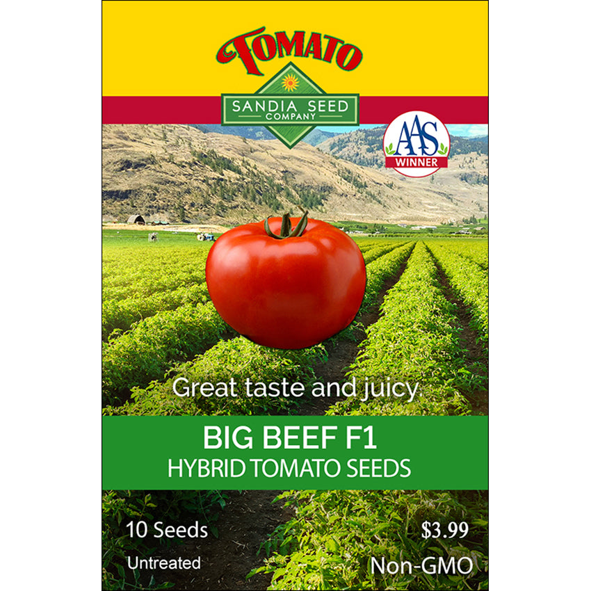 Big Beef F1 Tomato Seeds - Delicious and Juicy - Disease Resistant seed packet showing ripe tomato and lush garden, labeled non-GMO and AAS winner.