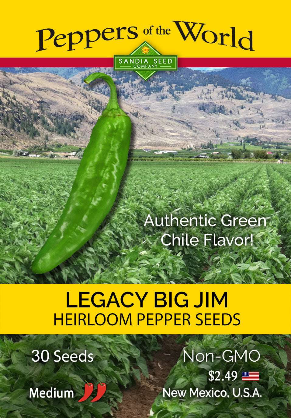 Seed packet for BULK Big Jim Legacy 1 lb. Chile Seeds featuring heirloom green chile with medium heat, non-GMO, grown in New Mexico.