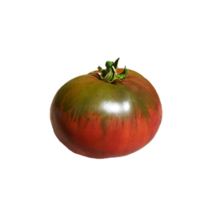 Black Krim Tomato with maroon-purple skin and green shoulders, known for its sweet, smoky flavor and heat tolerance.