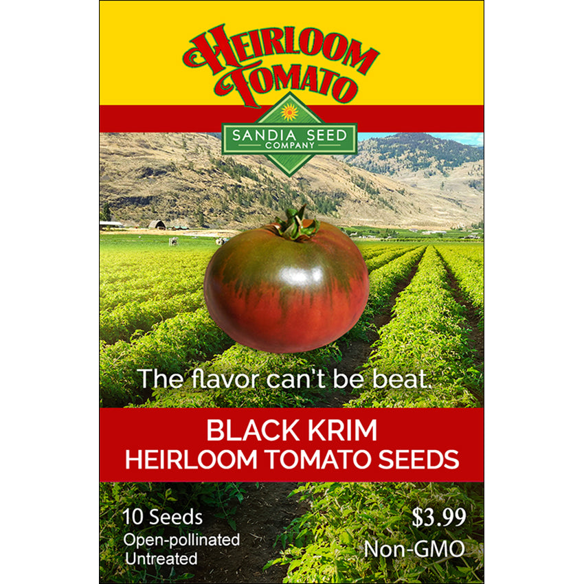 Black Krim Tomato Seeds packet by Sandia Seed Company, featuring heirloom, non-GMO seeds ideal for early, prolific harvests.