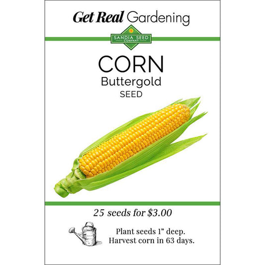 Seed packet for Corn - Buttergold Yellow Sweet Corn F1 Seeds featuring vibrant yellow corn and planting instructions for home gardening.