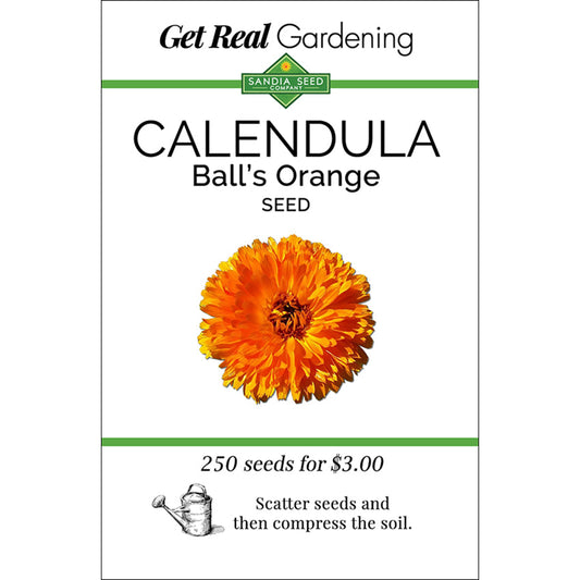 Calendula - Ball's Orange Seeds packet from Get Real Gardening featuring vibrant orange bloom ideal for pollinators and cut flower gardens.