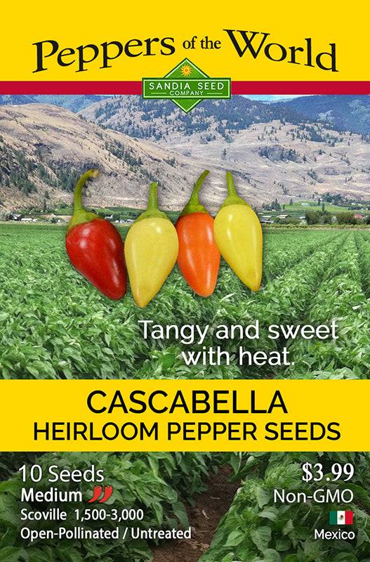 Cascabella Pepper Seeds packet from Sandia Seed Company. Features colorful peppers, medium heat rating, and heirloom non-GMO label.