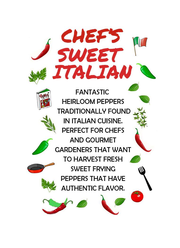 Chef's Sweet Italian Pepper Seeds 3-Pack promotional graphic highlighting heirloom varieties perfect for authentic Italian cuisine.