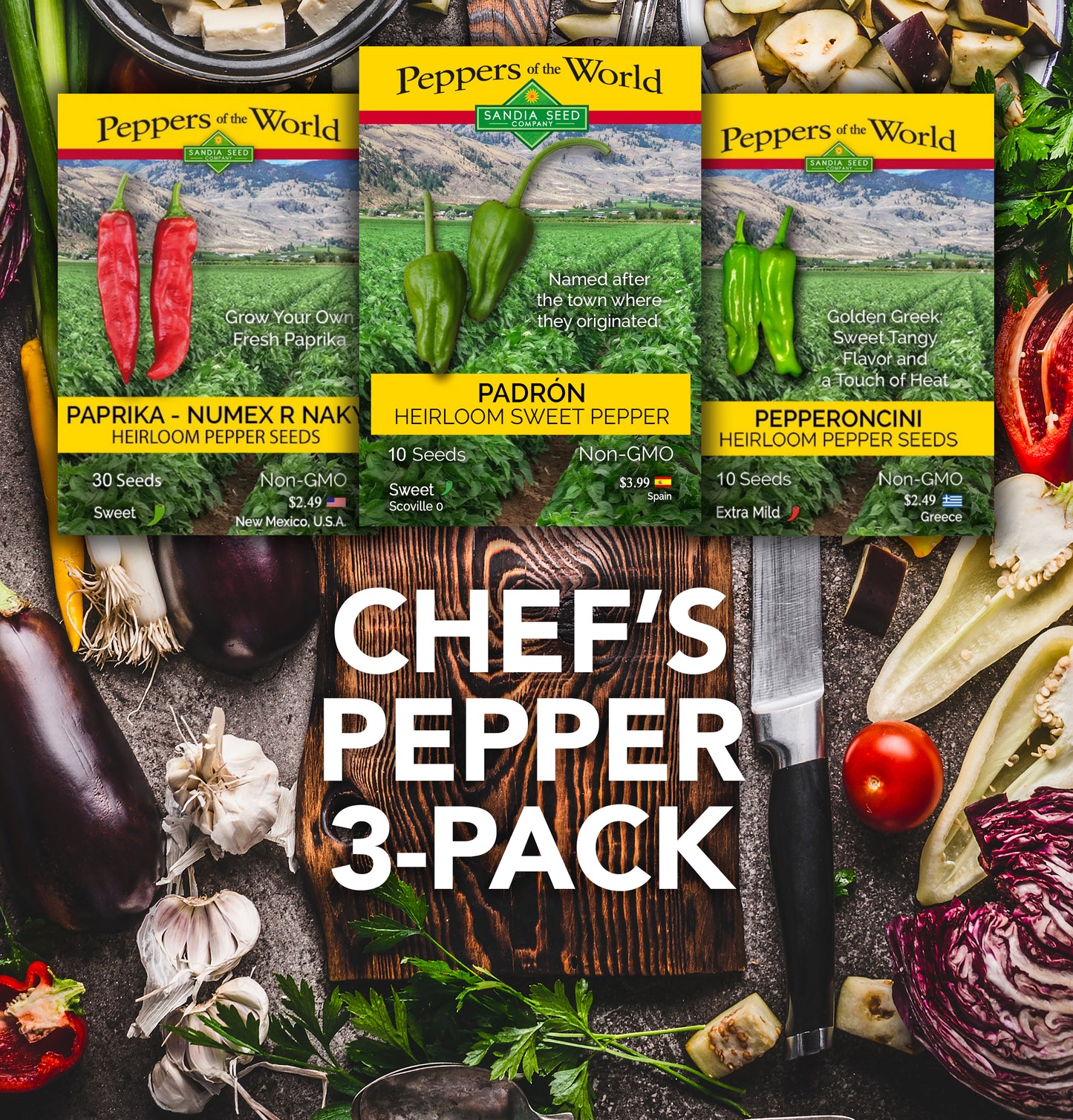 Chef's Sweet Pepper 3-Pack: Padron, Paprika and Pepperoncini Seeds 15% Off