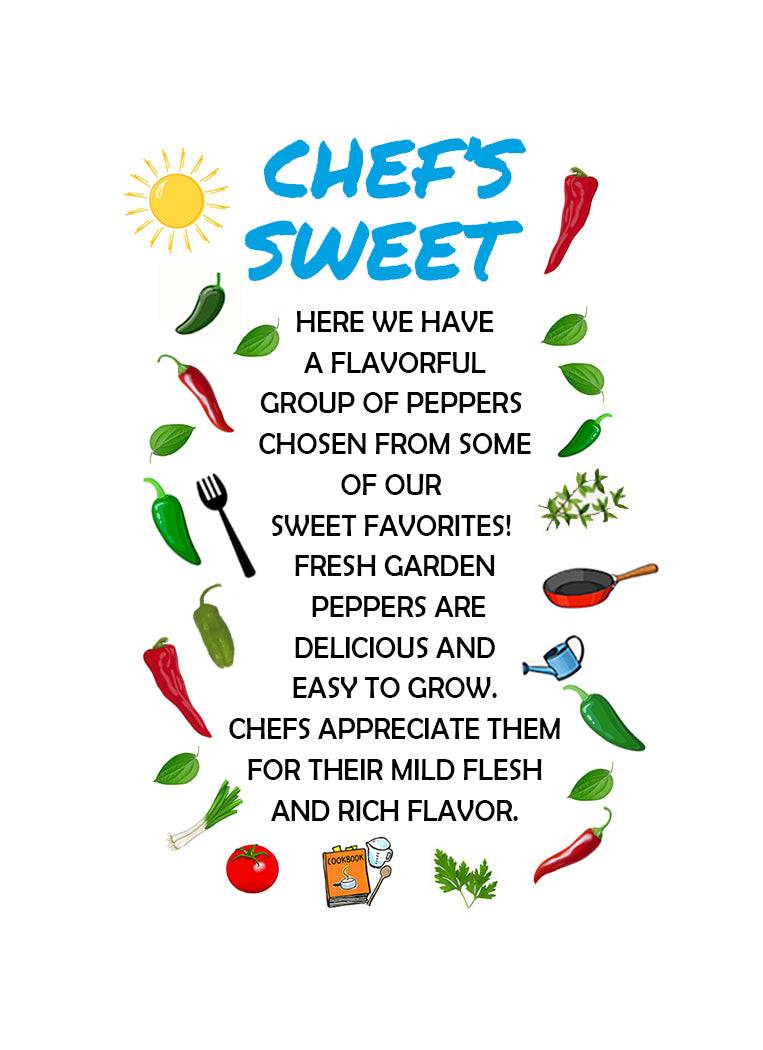 Chef's Sweet Pepper 3-Pack promotional flyer with colorful pepper illustrations and text highlighting flavor and ease of growing.