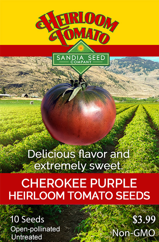 Cherokee Purple Heirloom Tomato Seeds packet by Sandia Seed Company, featuring sweet flavor, non-GMO, and heat-tolerant benefits.