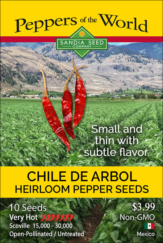 Chile de Arbol Seeds packet by Sandia Seed Company featuring heirloom, very hot, non-GMO seeds for spicy Mexican dishes and garden decor.