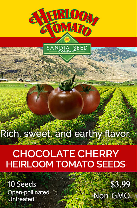 Seed packet for Chocolate Cherry Tomato Seeds - Heirloom - Sweet and Delicious, featuring tomato image and planting details.