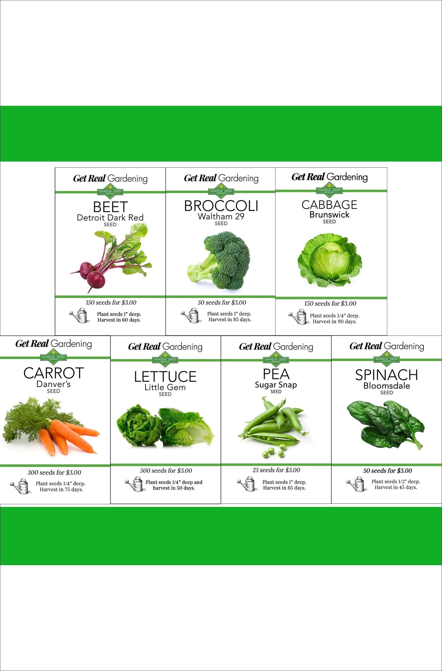Cool-Season Vegetable Bundle - 7 Seed Packets with beet, broccoli, cabbage, carrot, lettuce, pea, and spinach seeds. Ideal for early planting.