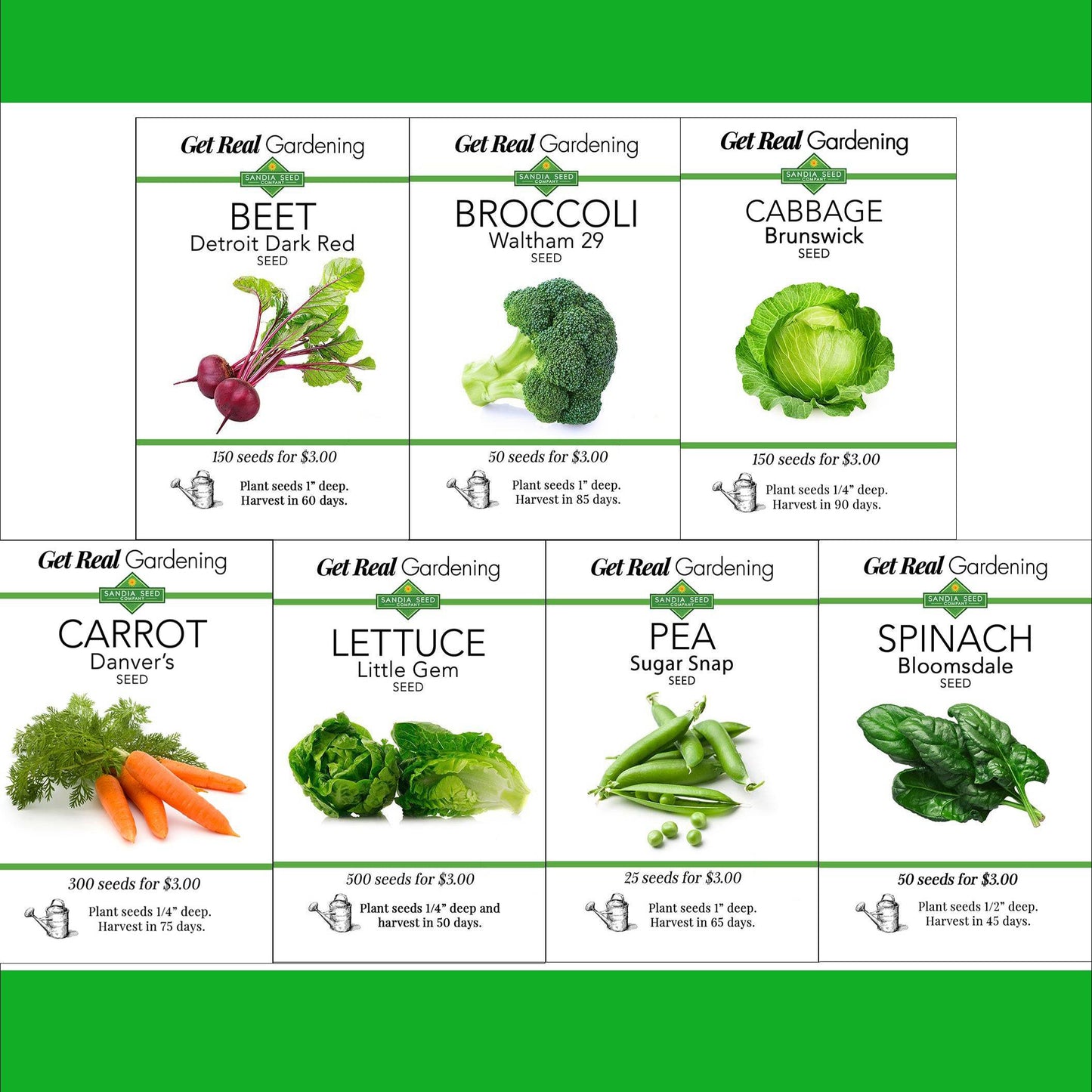 Cool-Season Vegetable Bundle - 7 Seed Packets with beet, broccoli, cabbage, carrot, lettuce, pea, and spinach seeds. Ideal for early planting.