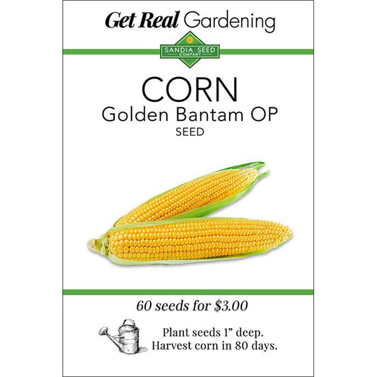 Golden Bantam Corn Seeds packet by Sandia Seed, heirloom non-GMO variety with 60 seeds for $3. Ideal for early planting and 80-day harvest.