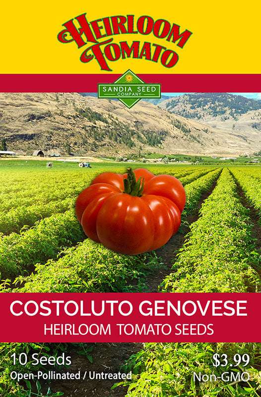 Costoluto Genovese Tomato Seeds packet by Sandia Seed Company, featuring heirloom tomato image over a farm field. Open-pollinated, untreated, non-GMO.