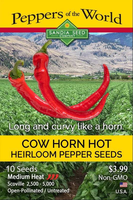 Cow Horn Hot Heirloom Pepper Seeds pack features medium heat peppers, 8–10 inches long, perfect for roasting; non-GMO and open-pollinated.