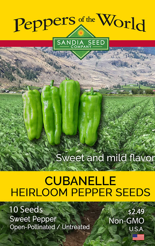 Cubanelle Sweet Pepper Seeds - Popular Italian Frying Pepper seed packet with product info, highlighting heirloom, non-GMO seeds for home gardeners.