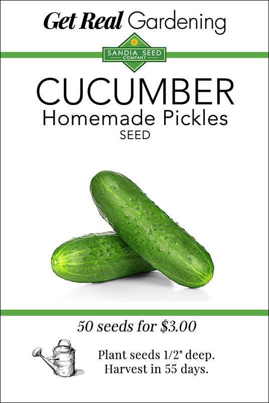 Cucumber Homemade Pickles seed packet from Get Real Gardening, includes 50 seeds for warm-season planting. Harvest in 55 days, perfect for summer gardens.