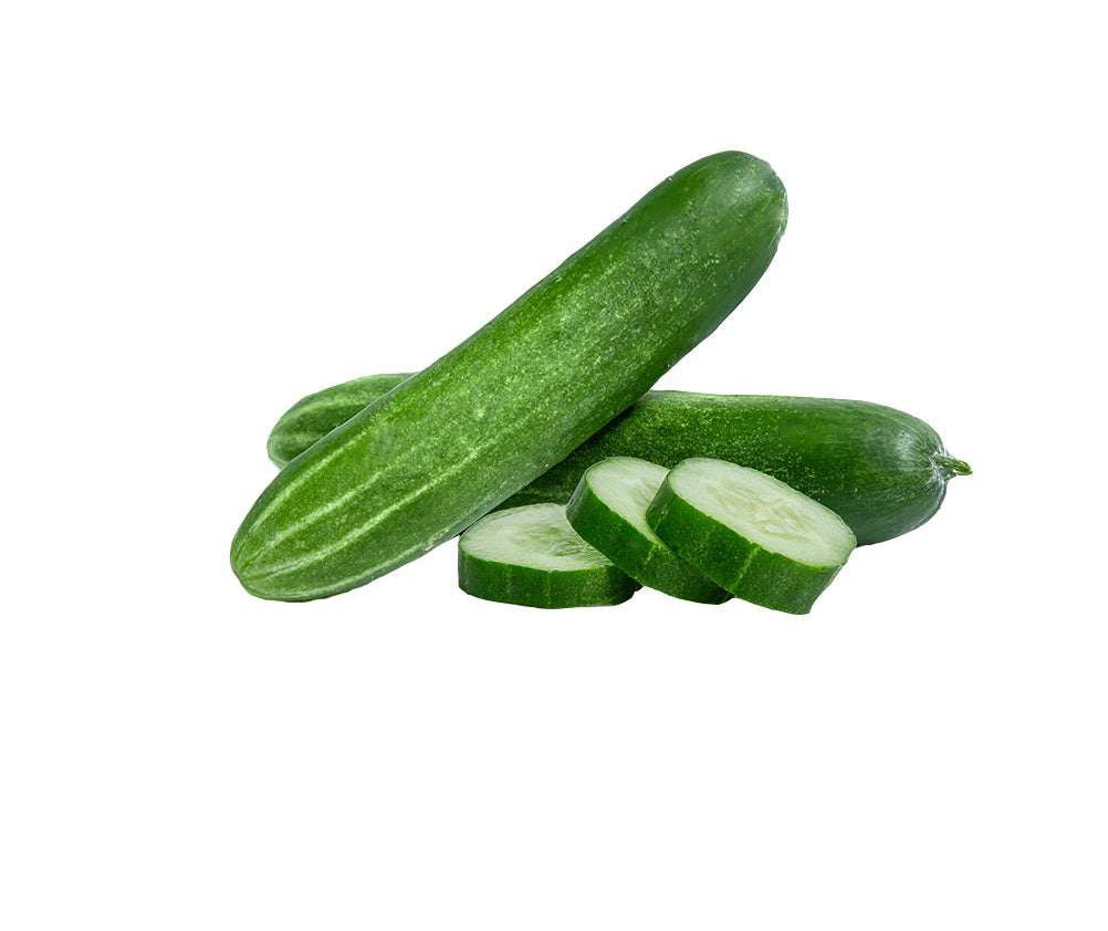 Three green cucumbers, including two whole cucumbers and two sliced rounds, arranged on a plain white background.