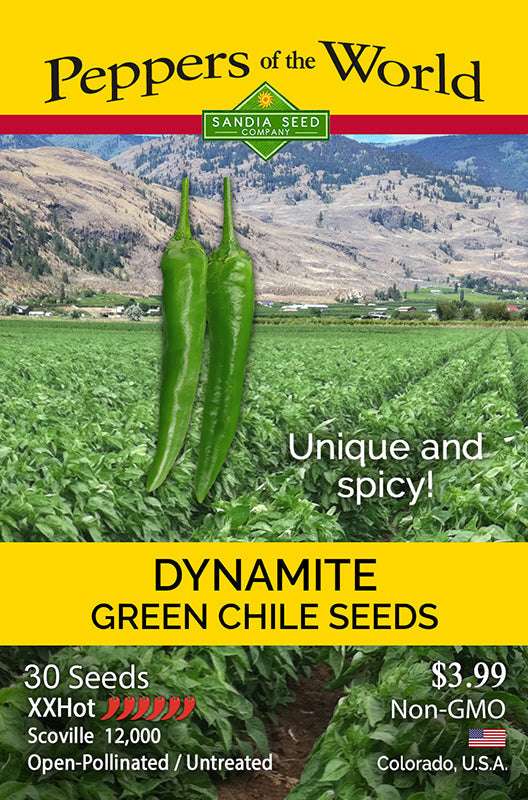 Dynamite Green Chile Seeds packaging shows XXHot variety with 12,000 Scoville heat, non-GMO, open-pollinated, and grown in Colorado.