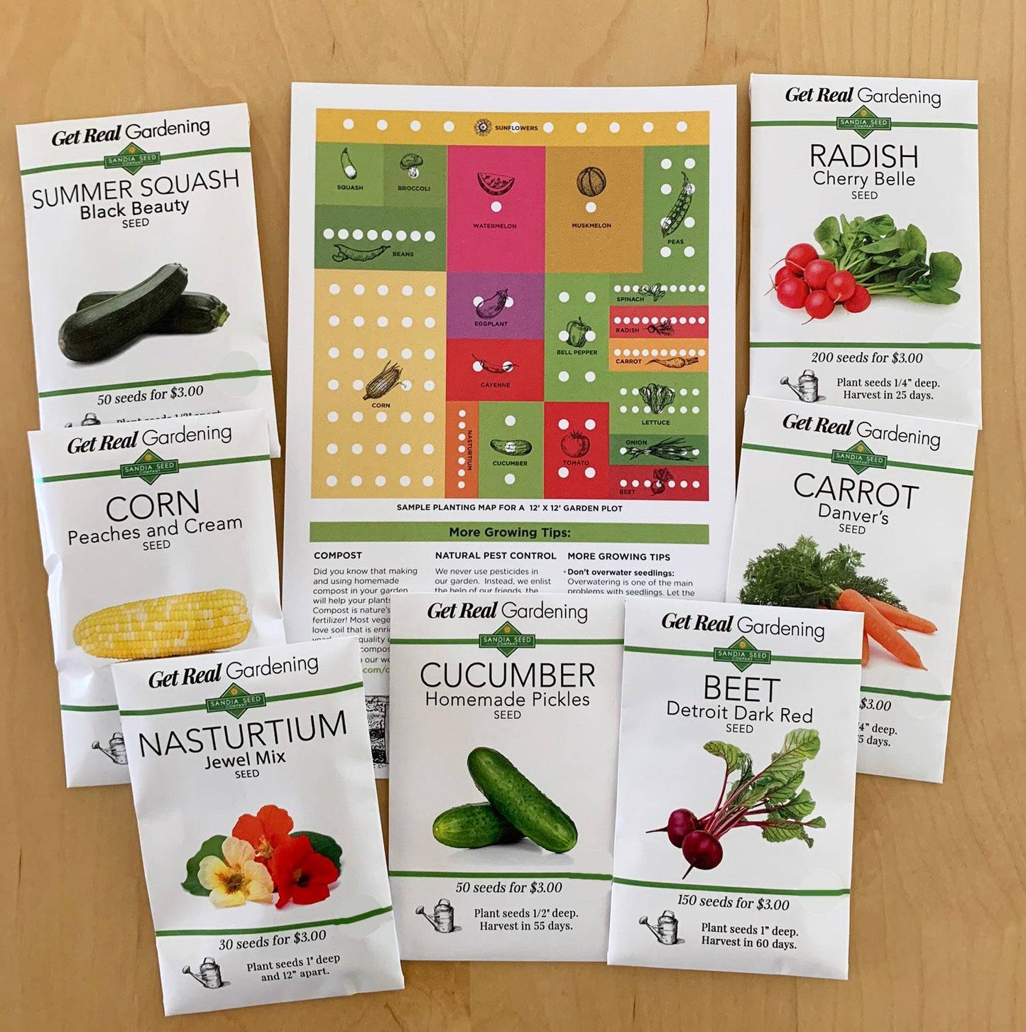 Easy vegetables to grow with Food Garden Seed Packets, garden map, and planting tips for a successful home garden setup.