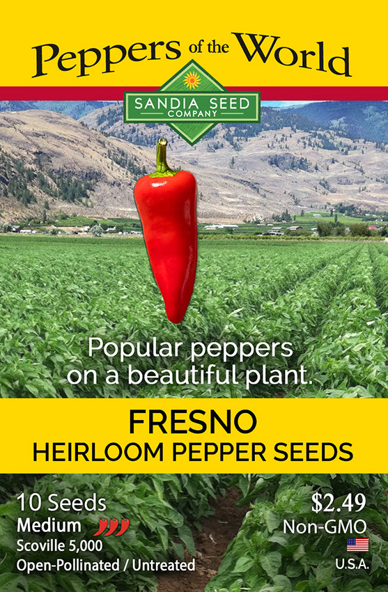 Sandia Seed Company Fresno pepper seed packet with a red pepper on a field background
