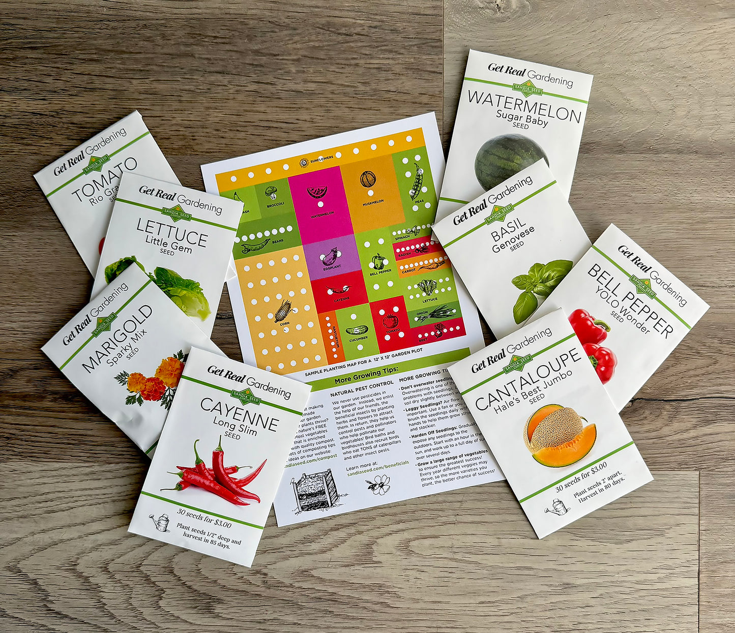 Food Garden - 20 Vegetable Seed Packets displayed with planting guide and colorful chart for easy vegetable growing at home.