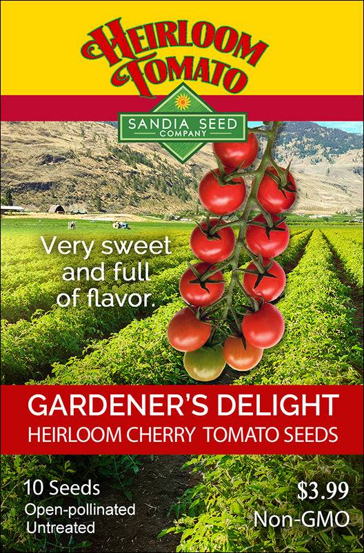 Seed packet for Gardener's Delight Cherry Tomato Seeds by Sandia Seed Company, featuring sweet heirloom tomatoes and garden field background.