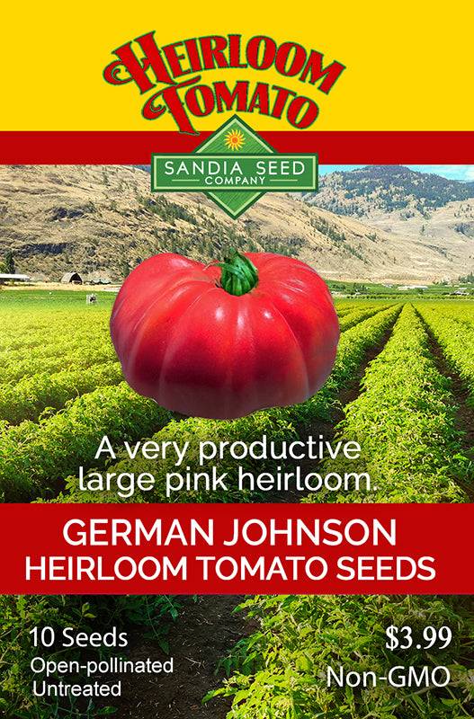 German Johnson Heirloom Tomato Seeds packet by Sandia Seed Company, featuring a large pink tomato and details like non-GMO, open-pollinated, and $3.99 price.