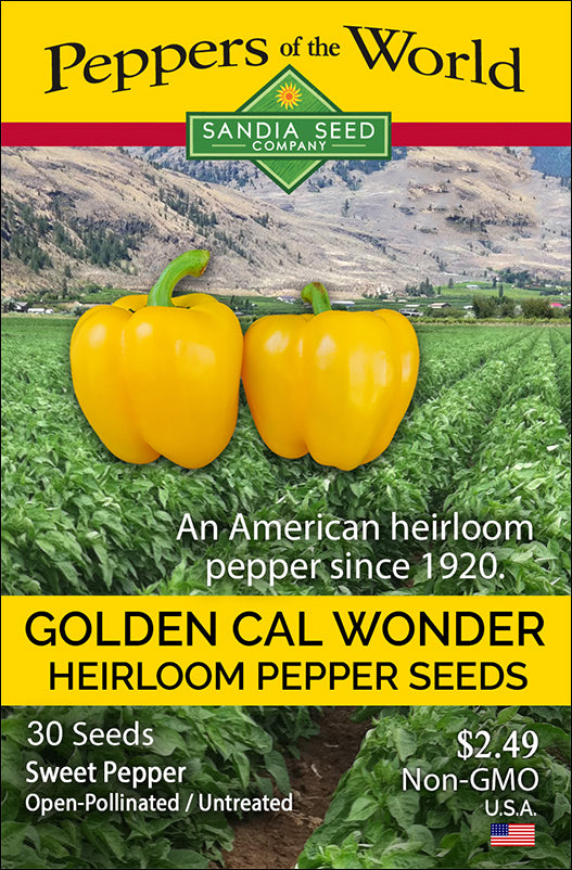 Golden Cal Wonder Bell Pepper Seeds packet from Sandia Seed Company, featuring heirloom, non-GMO sweet peppers for home gardens.