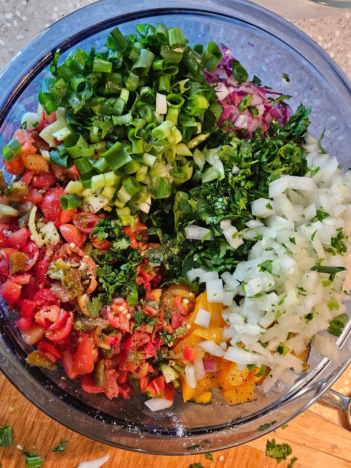 Colorful salad bowl with chopped White Lisbon onions, tomatoes, and herbs, showcasing their culinary versatility and garden-to-table freshness.