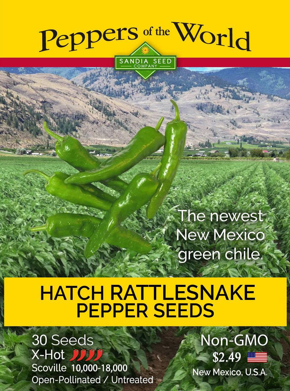 X Hot Hatch Green Chile Seeds in Bulk - Rattlesnake Seeds pack with farm background, highlighting spicy New Mexico-grown chile variety.
