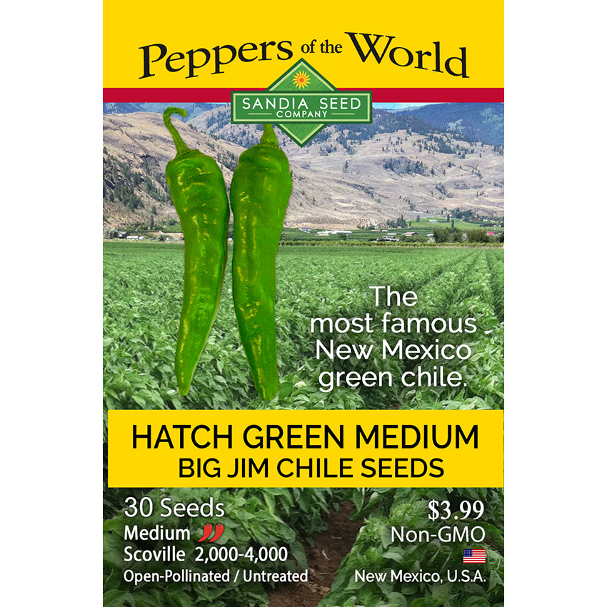 Seed packet for Hatch Green Medium Big Jim Chile seeds with a scenic background
