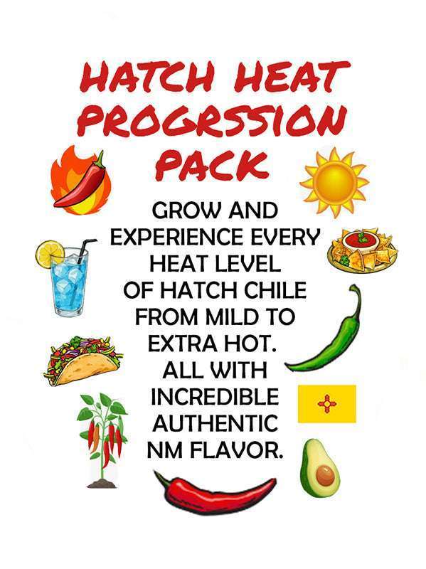 Colorful hatch heat progression pack label with illustrations of chili peppers, a drink, taco, and ingredients, emphasizing spicy flavor levels
