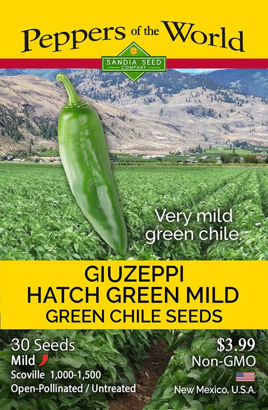 Hatch Green Mild - Giuzeppi Chile Seeds packaging showing mild green chile with scenic farm background, perfect for non-GMO gardening.