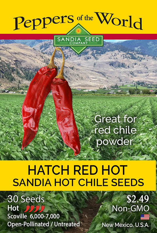 Hatch Red Hot Chile Seeds Sandia Hot seed packet by Sandia Seed Company, featuring dried chiles and field background. Great for red chile powder.