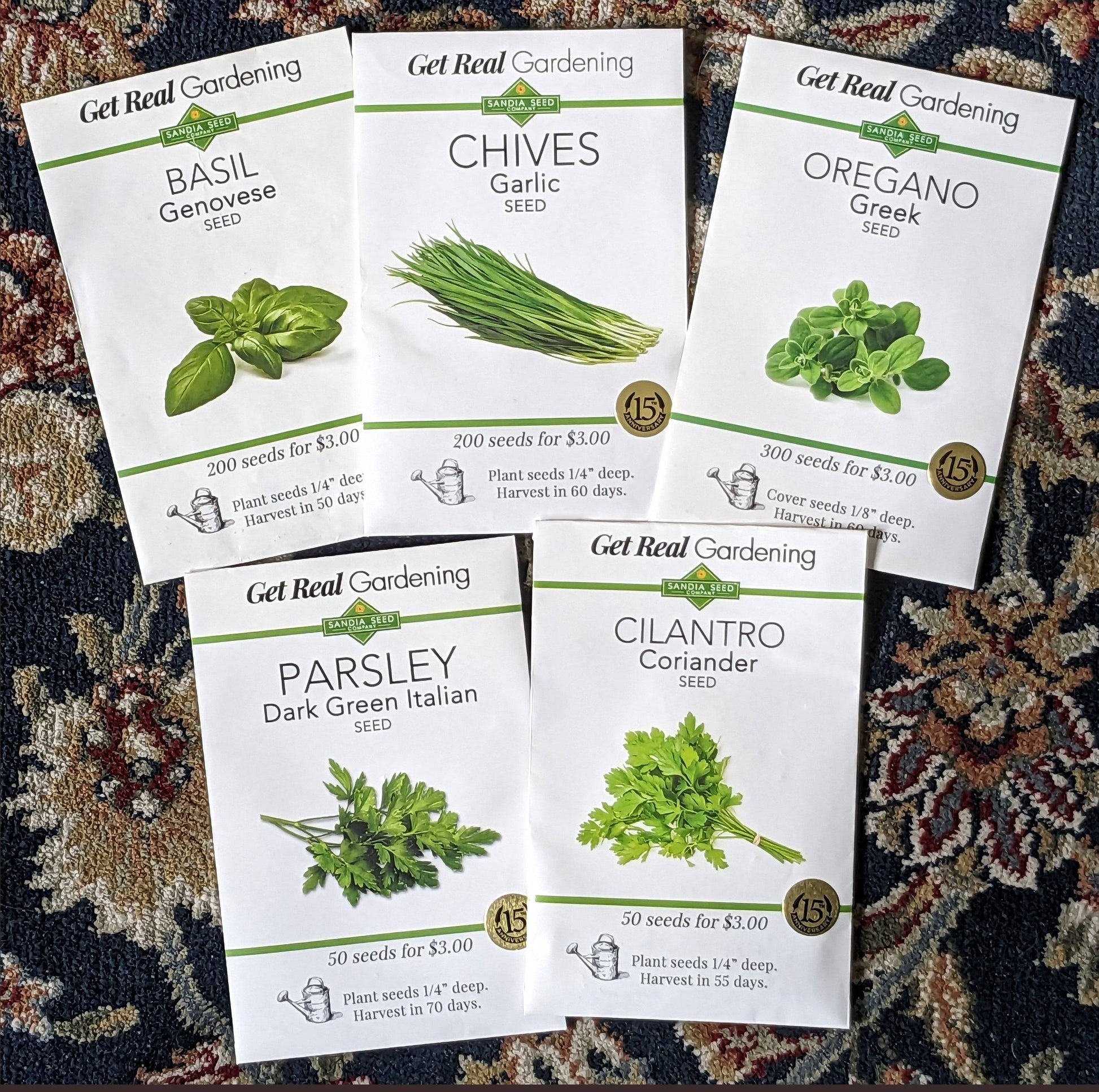 Discounted Herb Seeds Bundle featuring 5 classic herbs: Basil, Chives, Oregano, Parsley, and Cilantro. Ideal for starting a home herb garden.